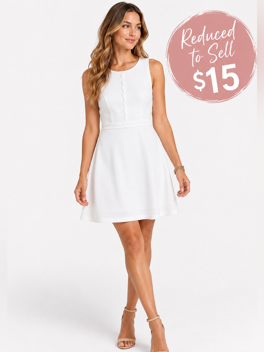 Altar’d State Crepe White Scalloped Trim Sleeveless Fit & Flare Dress Clean Girl